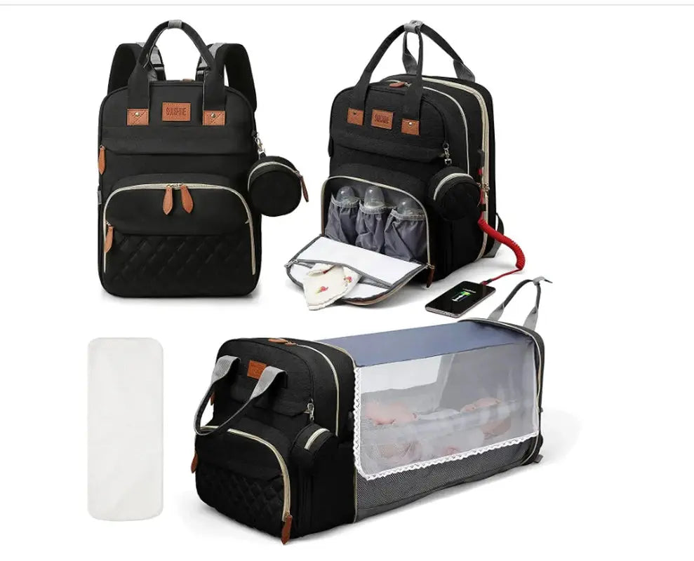 Sac à langer 3 en 1 Sac à dos pliable Lit de bébé Sac de voyage imperméable avec charge USB Sac à langer Sac à dos avec lit à langer 3 Types