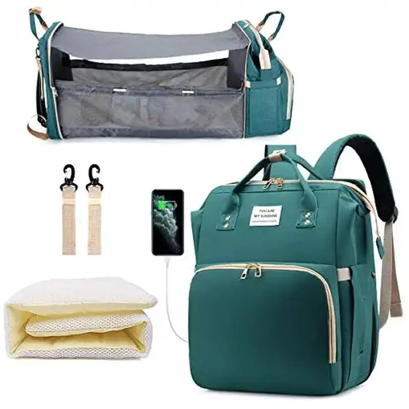 Sac à langer 3 en 1 Sac à dos pliable Lit de bébé Sac de voyage imperméable avec charge USB Sac à langer Sac à dos avec lit à langer 3 Types