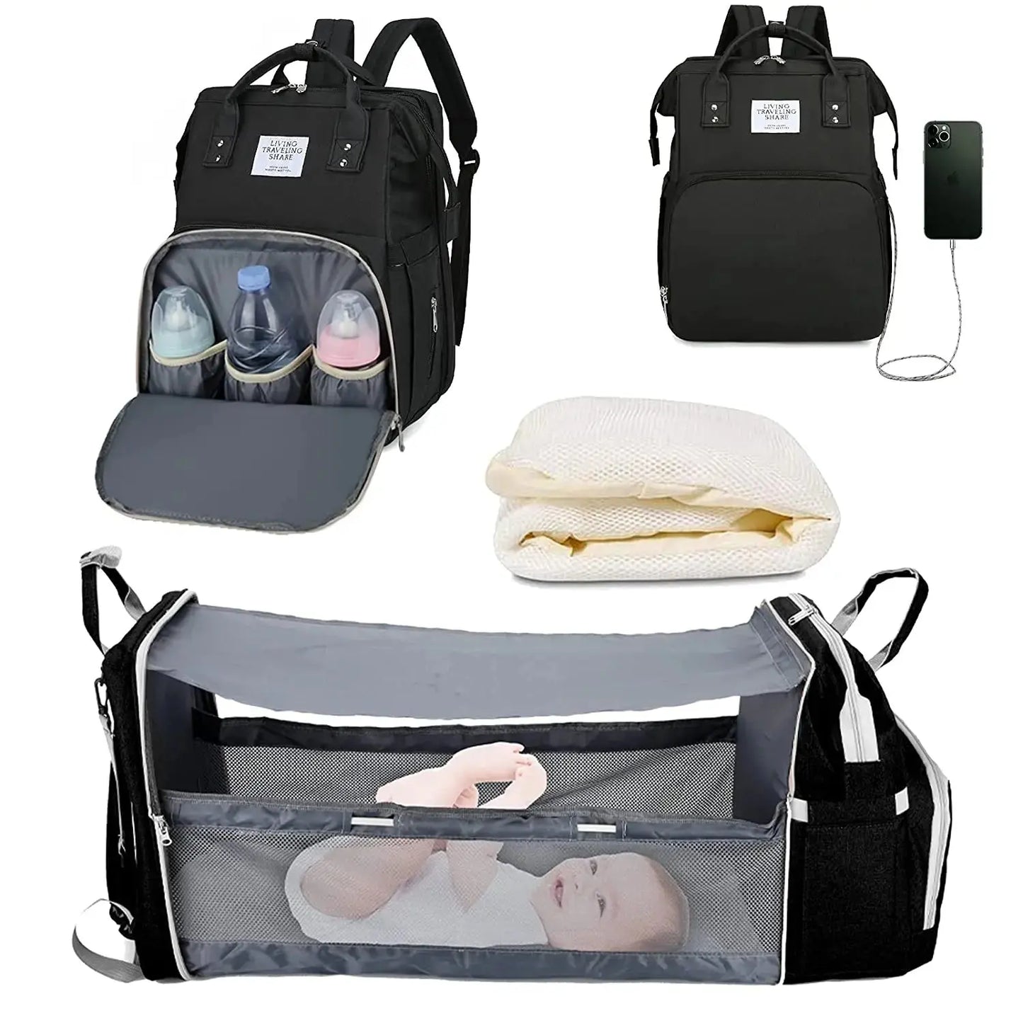 Sac à langer 3 en 1 Sac à dos pliable Lit de bébé Sac de voyage imperméable avec charge USB Sac à langer Sac à dos avec lit à langer 3 Types