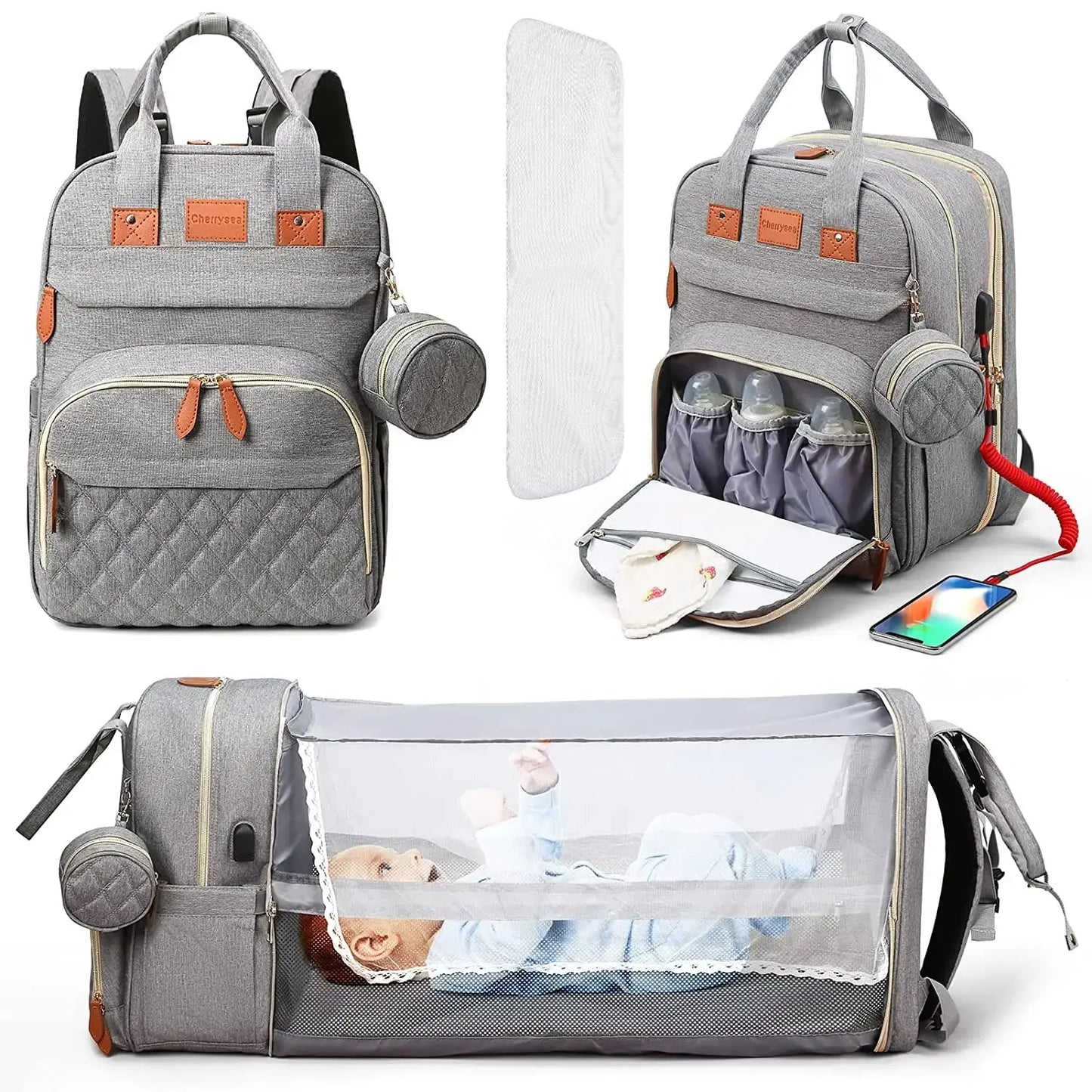 Sac à langer 3 en 1 Sac à dos pliable Lit de bébé Sac de voyage imperméable avec charge USB Sac à langer Sac à dos avec lit à langer 3 Types
