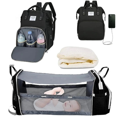 Sac à langer 3 en 1 Sac à dos pliable Lit de bébé Sac de voyage imperméable avec charge USB Sac à langer Sac à dos avec lit à langer 3 Types