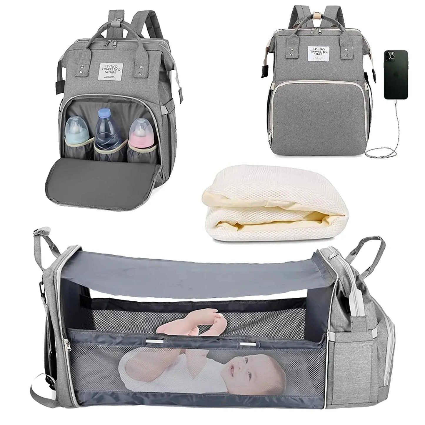 Sac à langer 3 en 1 Sac à dos pliable Lit de bébé Sac de voyage imperméable avec charge USB Sac à langer Sac à dos avec lit à langer 3 Types