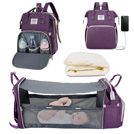 Sac à langer 3 en 1 Sac à dos pliable Lit de bébé Sac de voyage imperméable avec charge USB Sac à langer Sac à dos avec lit à langer 3 Types