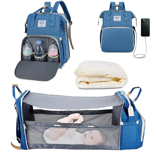 Sac à langer 3 en 1 Sac à dos pliable Lit de bébé Sac de voyage imperméable avec charge USB Sac à langer Sac à dos avec lit à langer 3 Types